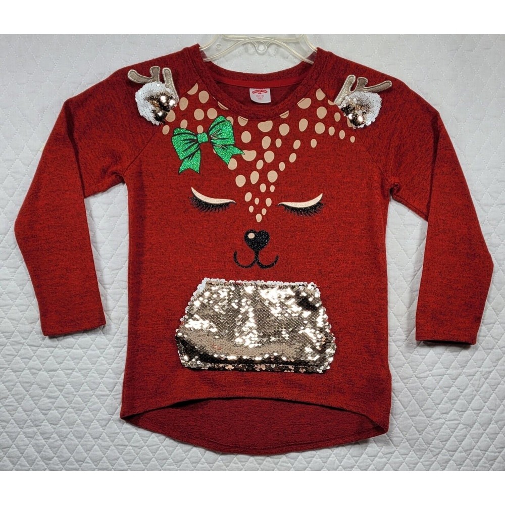 Holiday Time Reindeer Girl Long Sleeve Shirt Flip Sequins Kangaroo Pocket Size M